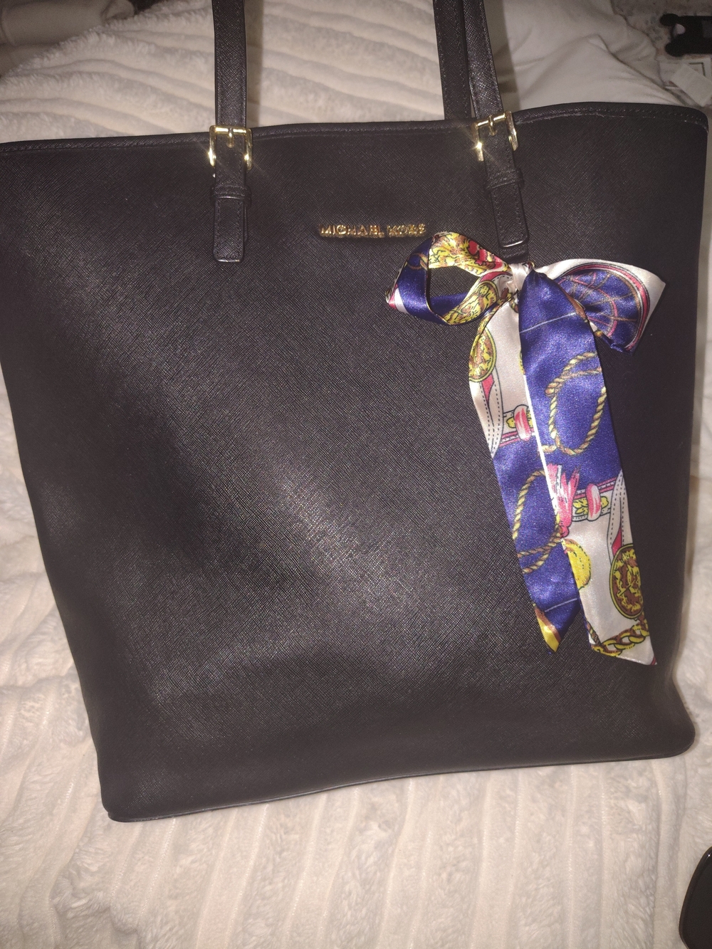 Michael Kors Black Saffiano Leather Tote with Navy & Multicolor Scarf Accent